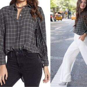 Something Navy Gray Plaid Button-Front Blouse Small
